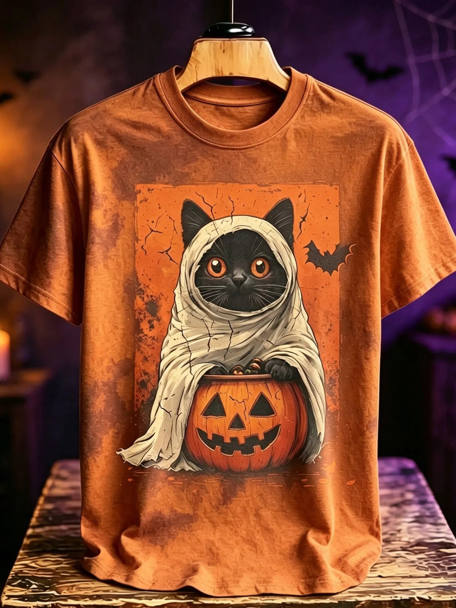 Men's Retro Halloween Ghost Cat Print T-shirt