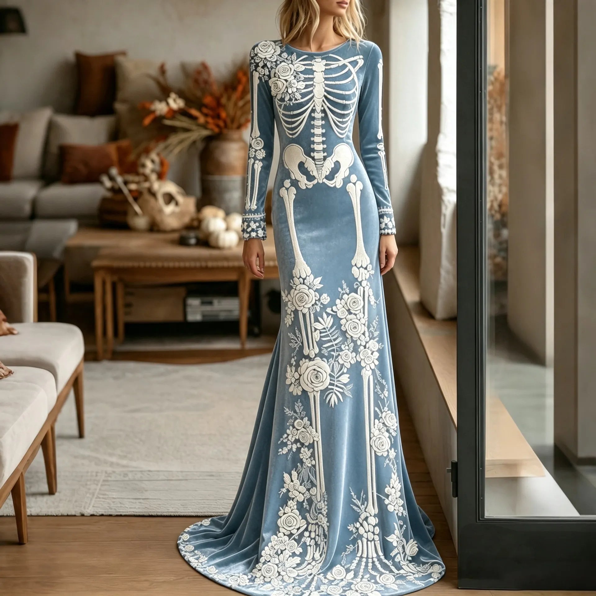 Women's Halloween Dark Gothic Rose Skeleton Velvet Round Neck Maxi Dress
