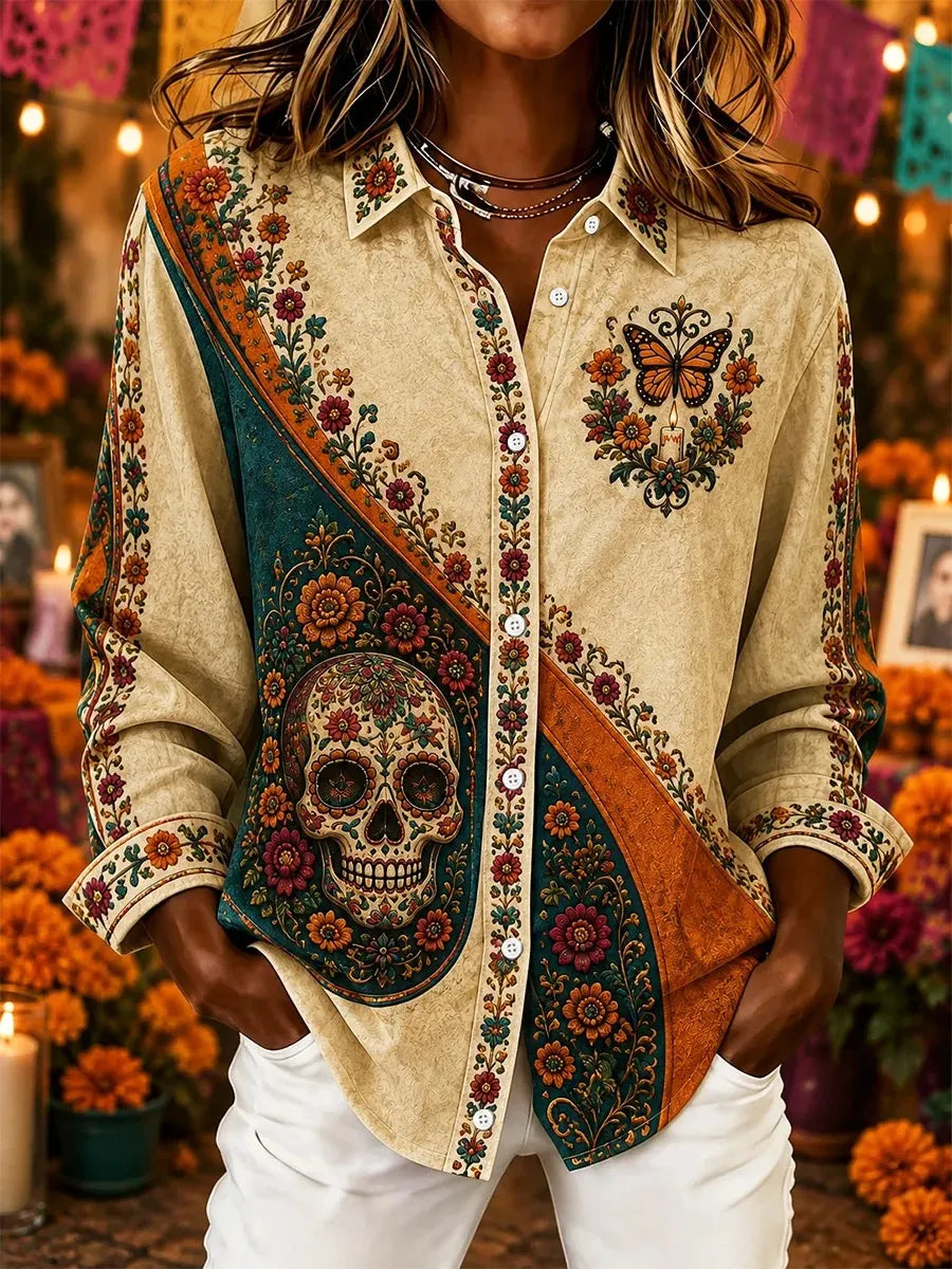 Women's Day Of The Dead Print Long Sleeve Shirt