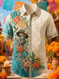 Men's Day Of The Dead Catrina Skeleton Hummingbird Desert Cactus Folk Guitar Floral Scroll Print Short Sleeve Buttons Shirt