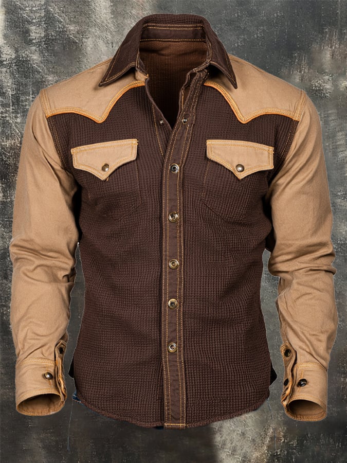 Men's Vintage Waffle-Knit Western Shirt with Dual Pockets