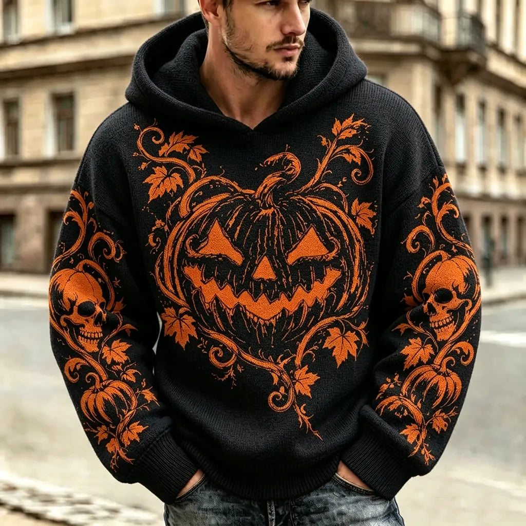 Men's Retro Halloween Pumpkin Smiley Face Knit Jacquard Warm Hooded Sweater