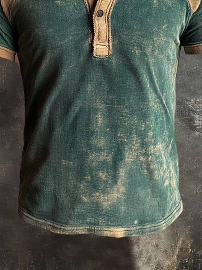 Men's Vintage Distressed Colorblock Casual Henley Short Sleeve T-Shirt