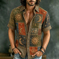 Men's Vintage Sun Moon Peace Sign Hippie Patchwork Print Short Sleeve Buttons Shirt