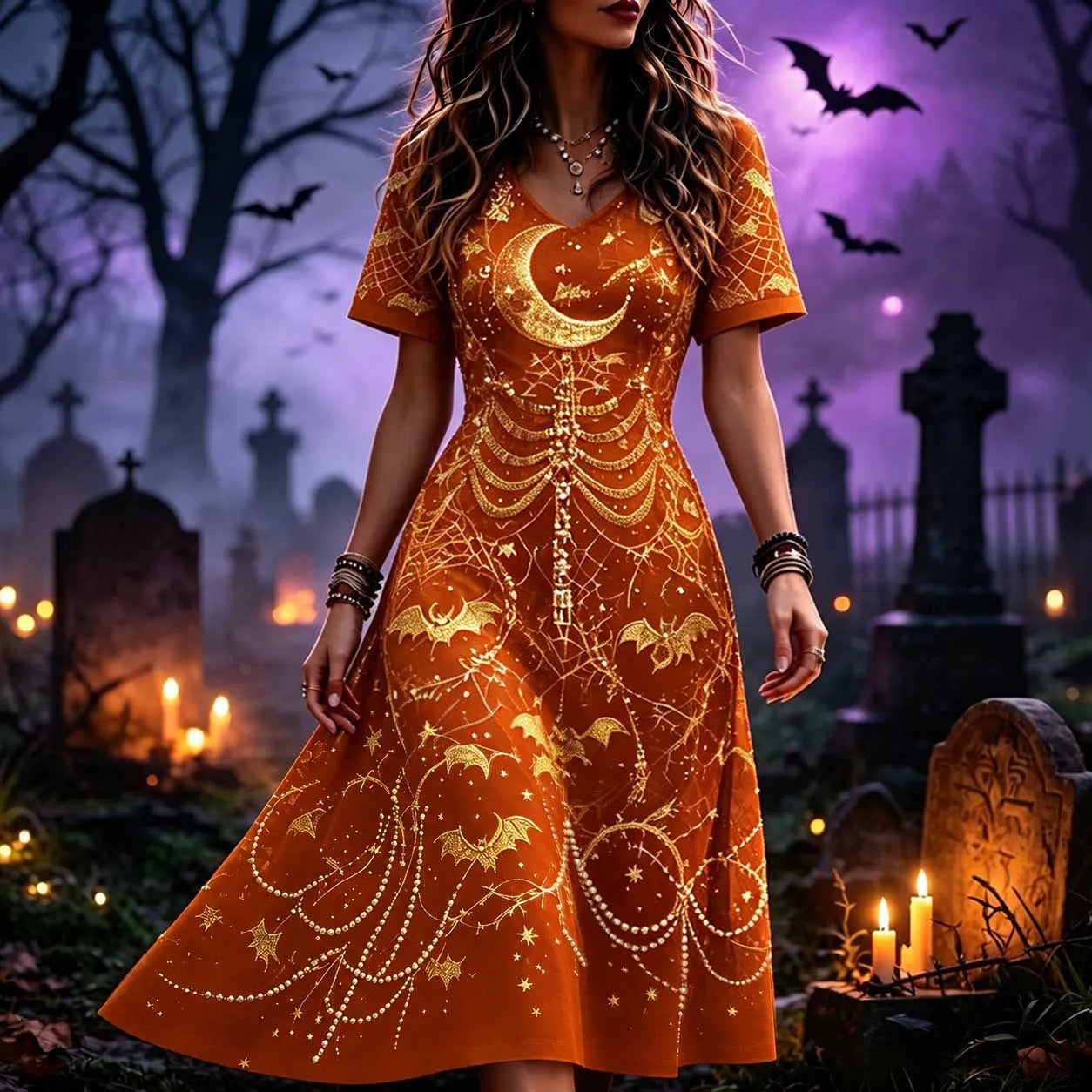 Women's Gothic V-neck Short Sleeve A-line Dress With Purple Moon And Bat Print