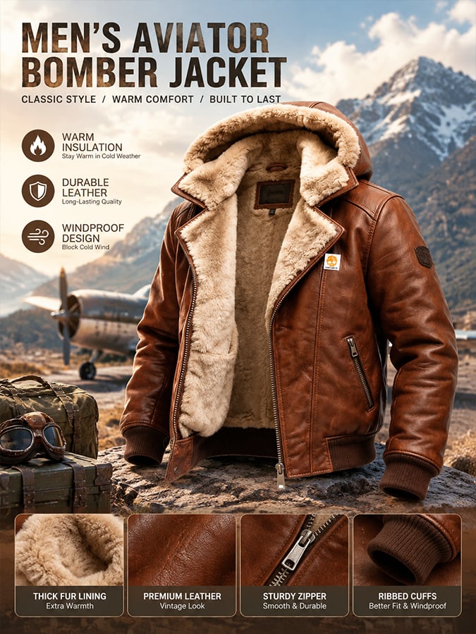 Men's Vintage-Style Leather Outdoor Jacket with Plush Lining and Multiple Pockets