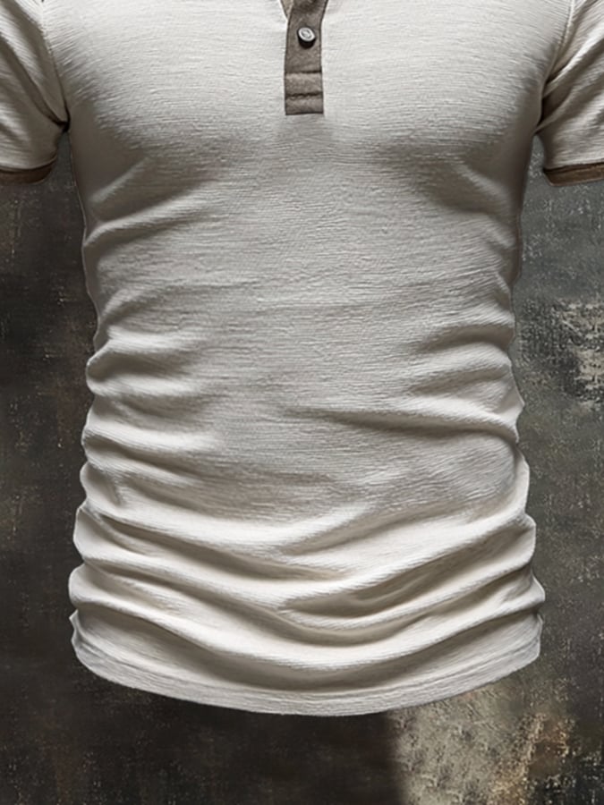Men'S Retro Colorblock Casual Henley Short Sleeve T-Shirt