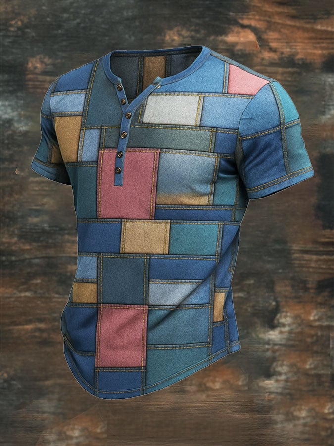 Men's vintage-look patchwork print Henley T-shirt with short sleeves