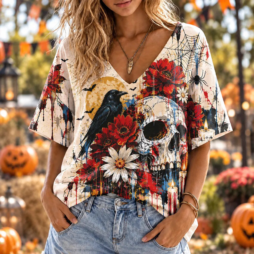 Women's Halloween Raven, Skull, Spiderweb And Red Floral V-neck Short Sleeve T-shirt