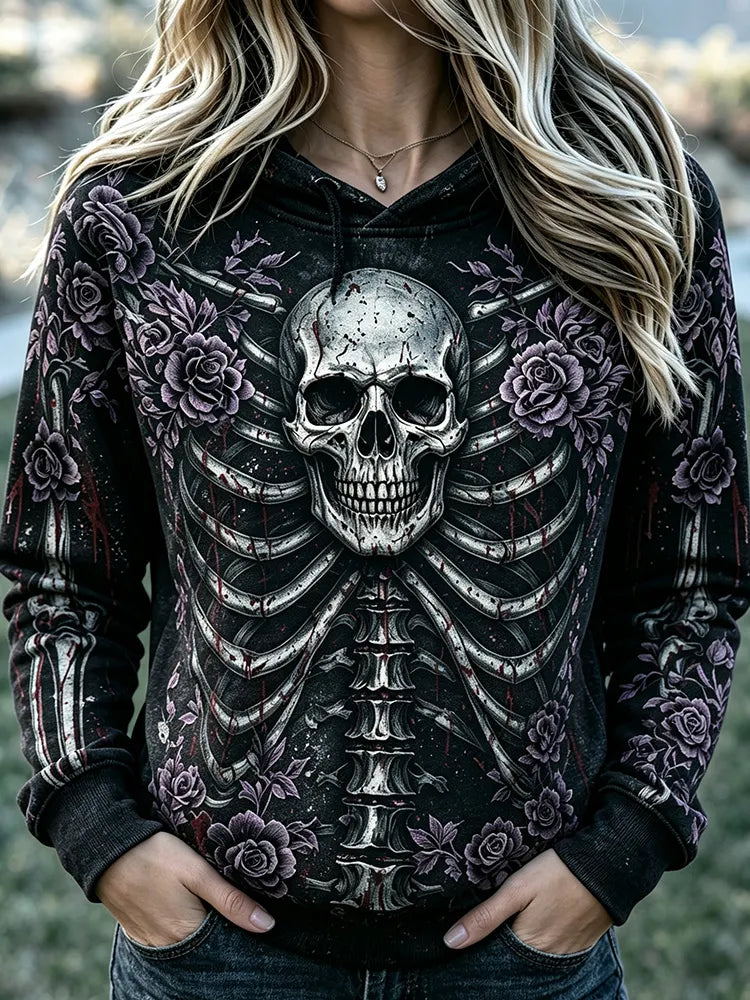 Women’s Goth Skeleton Floral Print Flare Pants