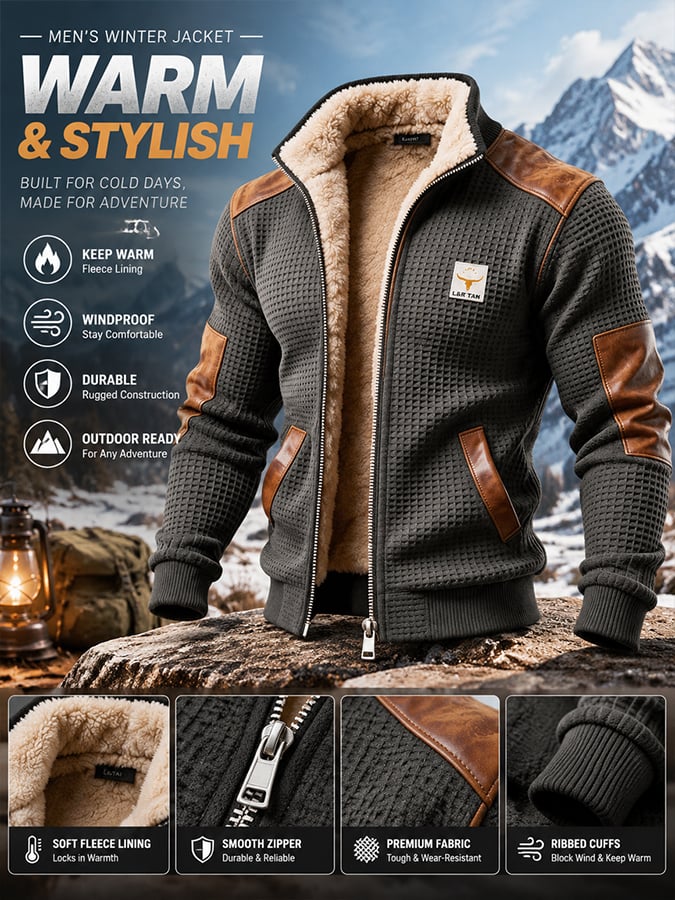 Men's Vintage Thermal Waffle-Lined Multi-Pocket Outdoor Leather Jacket