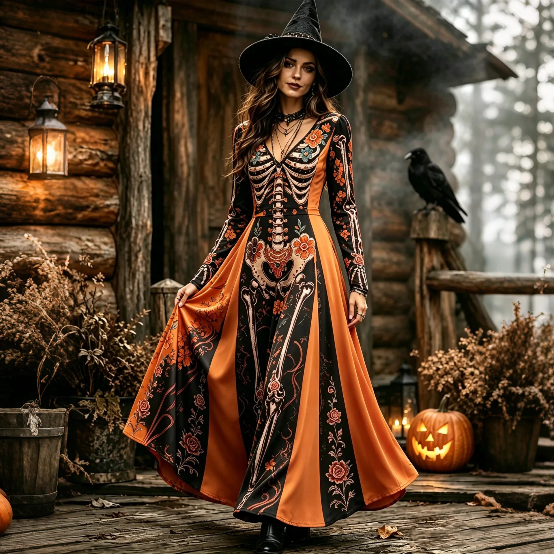 Women's Floral Skeleton Color Block Print Halloween V-neck Long Sleeve Dress