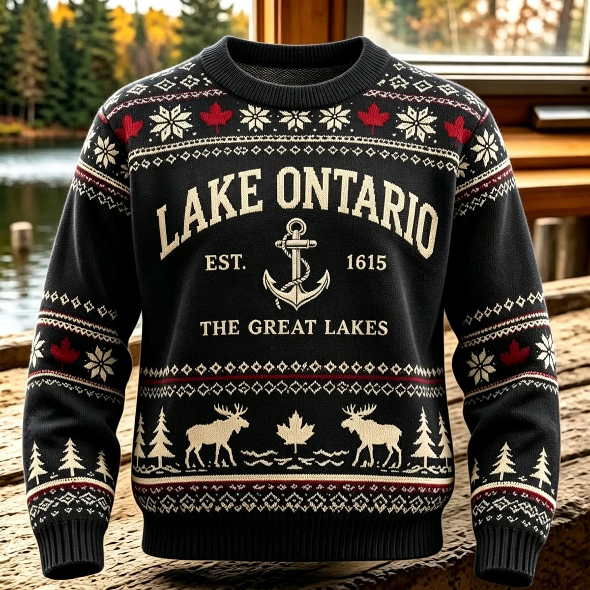 1615 Lake Ontario Canada Icelandic Style Jacquard Knit Warm Sweater