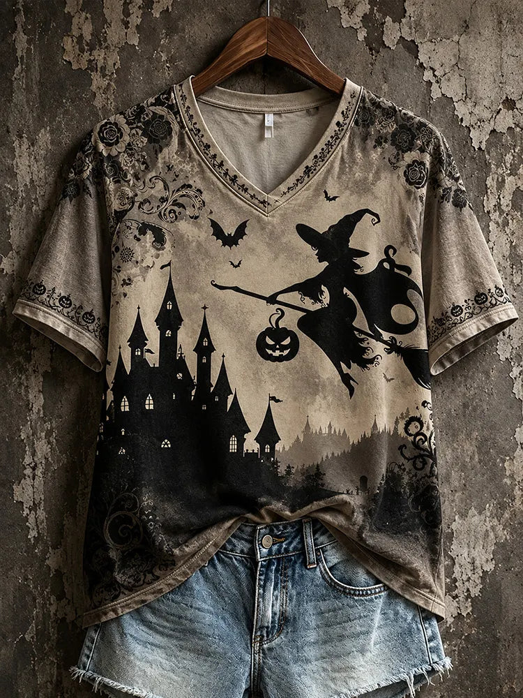 Female Witch Castle Floral Bat Pumpkin Print Halloween Retro V-neck Short Sleeve T-shirt