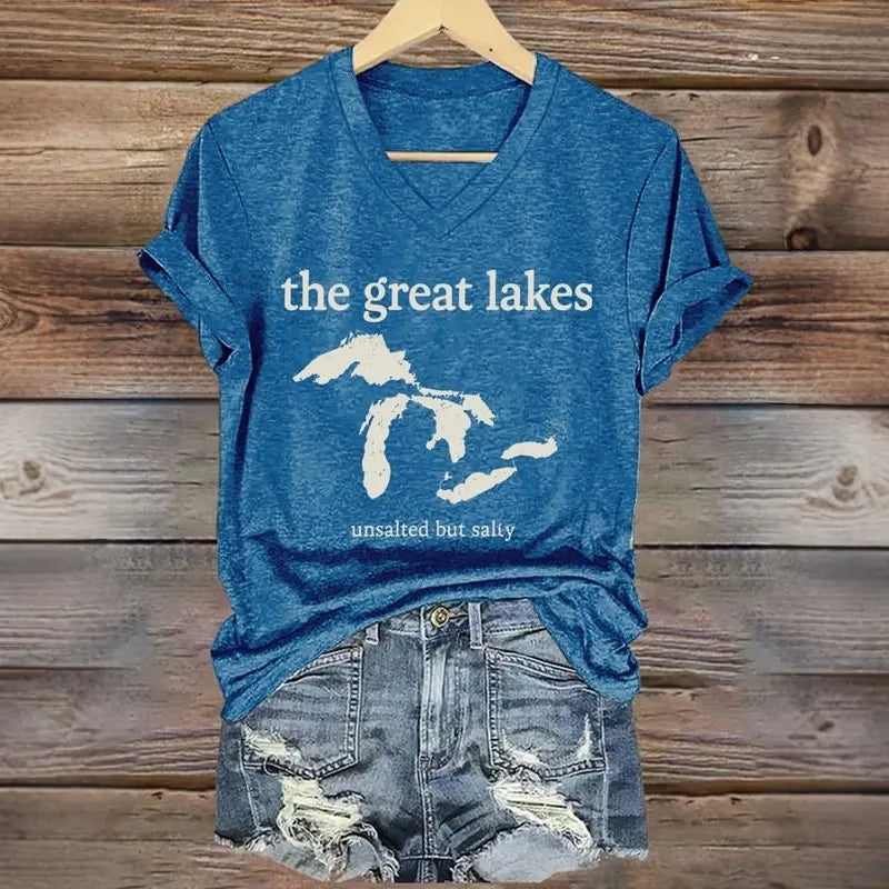 V-neck Retro The Great Lakes Unsalted But Salty Print T-shirt