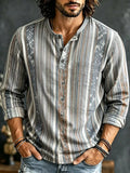 Men's Vintage Ethnic Style Striped Print Henry Collar Long Sleeve T-Shirt