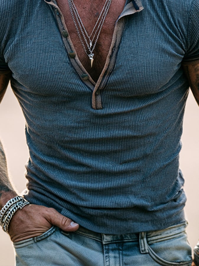 Men'S Fashion Short-Sleeve Henley T-Shirt With Ribbed Paneling And Color-Block Design