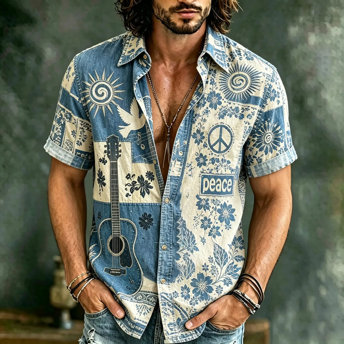 Men's Guitar Peace Dove Boho Patchwork Print Short Sleeve Buttons Shirt