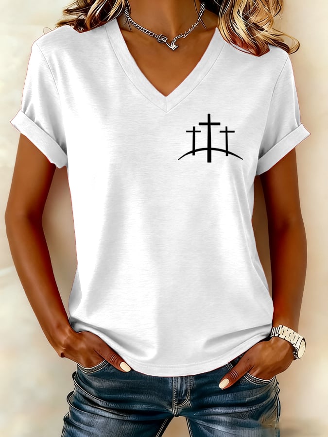 Women's Cross Print V-Neck T-Shirt