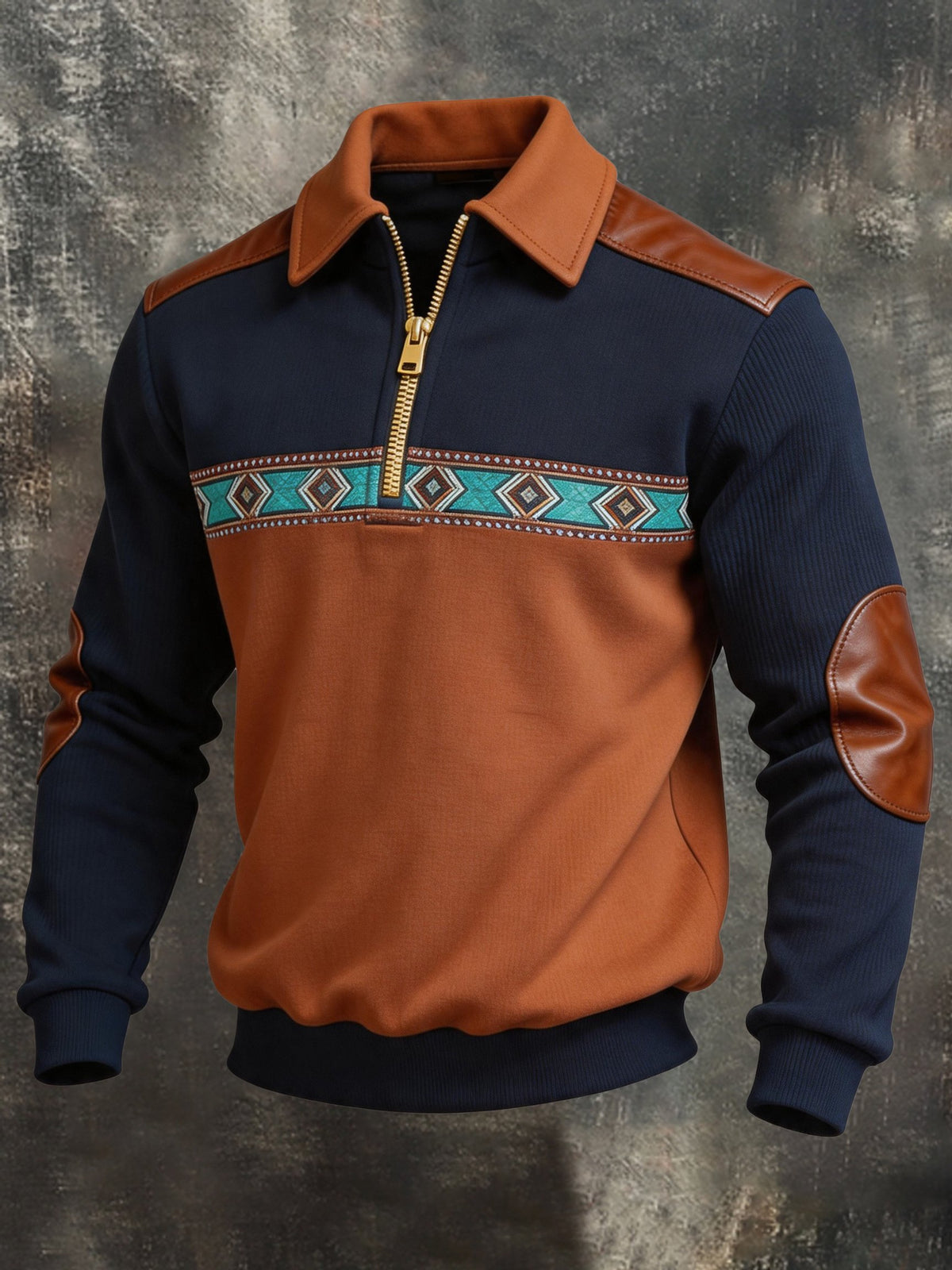 Men's Retro Color Block Print Color-Blocked Zip-Up Sweatshirt