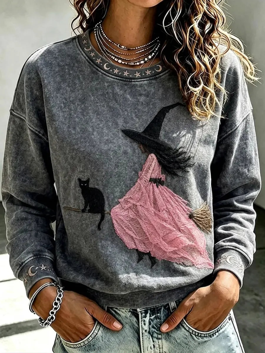 Women's Pink Witch-Themed Print Casual Sweatshirt