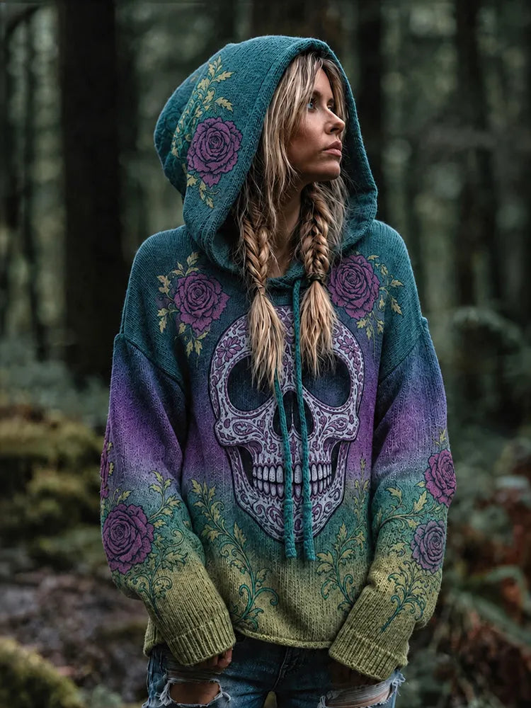 Women's Vintage Viking Skull And Rose Gradient Art Knit Hooded Sweater