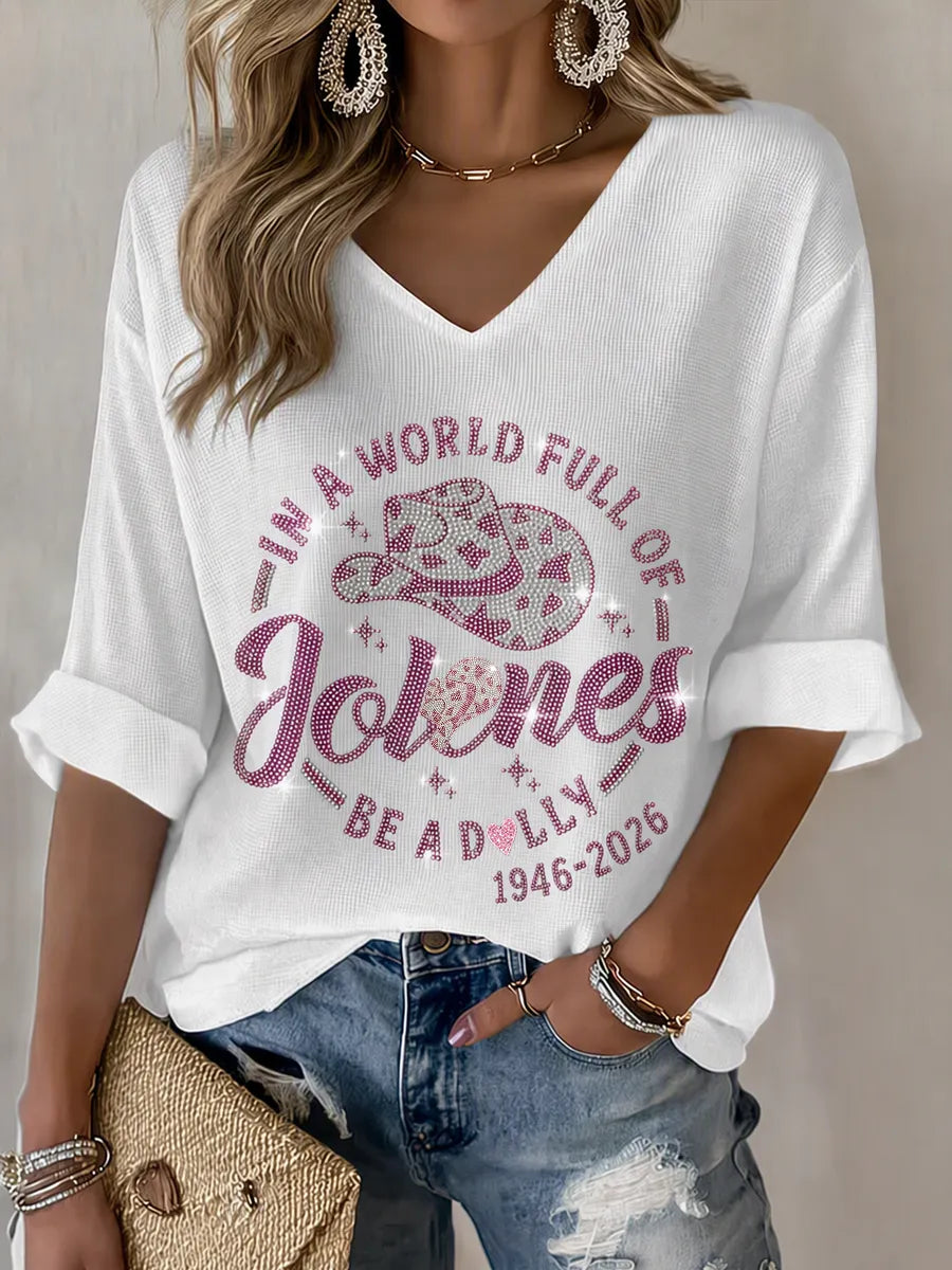 Women's commemorative pattern Waffle V-neck top