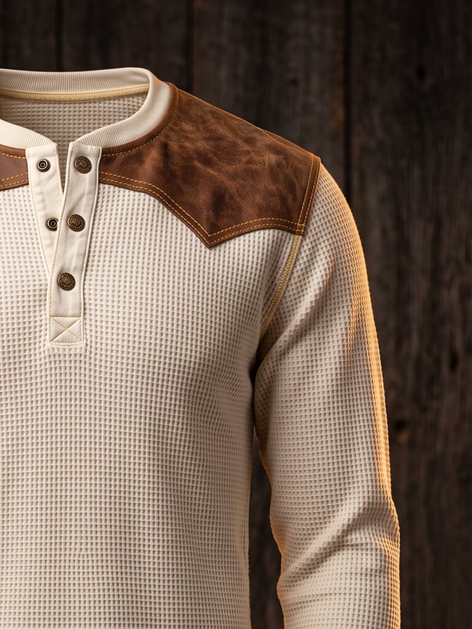Men's Vintage Waffle-Knit Henley with Leather Panel Detail