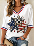 Women'S Star Flag Printed V-Neck Short Sleeve Top