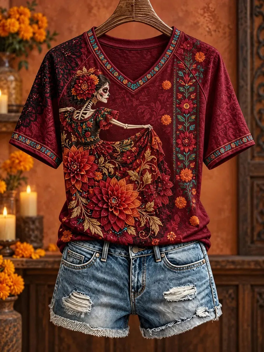 Women's Day Of The Dead Vintage Skeleton Lady Floral Art Print V Neck Raglan T-Shirt