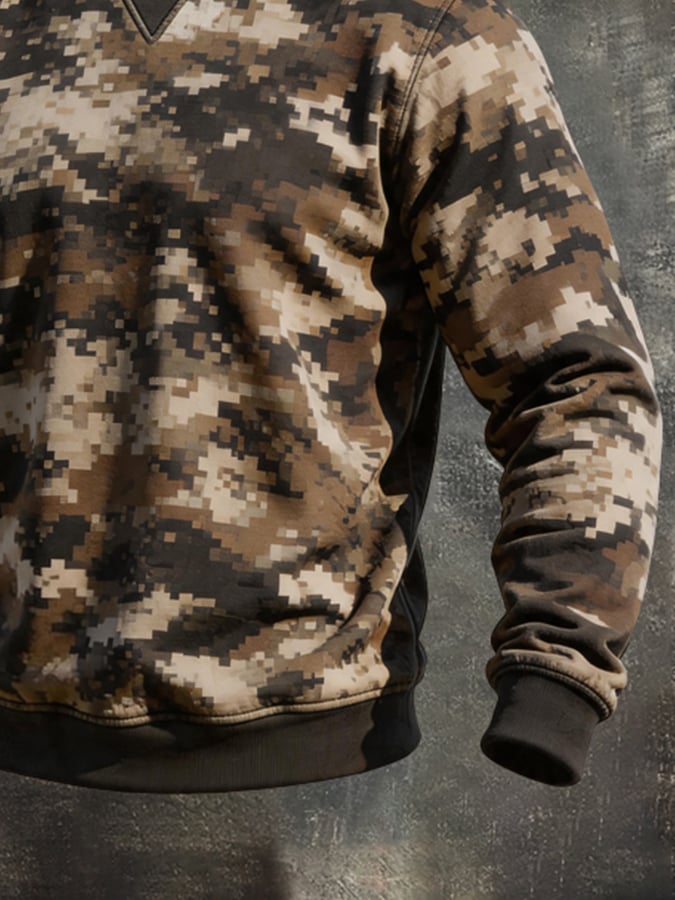 Men's Retro Color-Block Camouflage Print Crew-Neck Long-Sleeve Sweatshirt