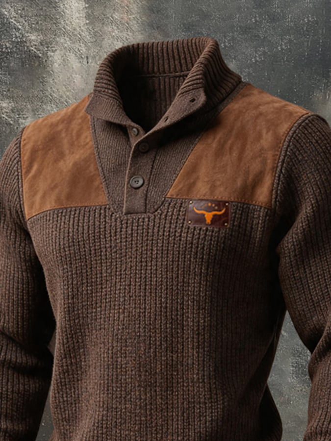 Men's Vintage-Style Suede-Panel Button-Front Long-Sleeve Henley Sweater