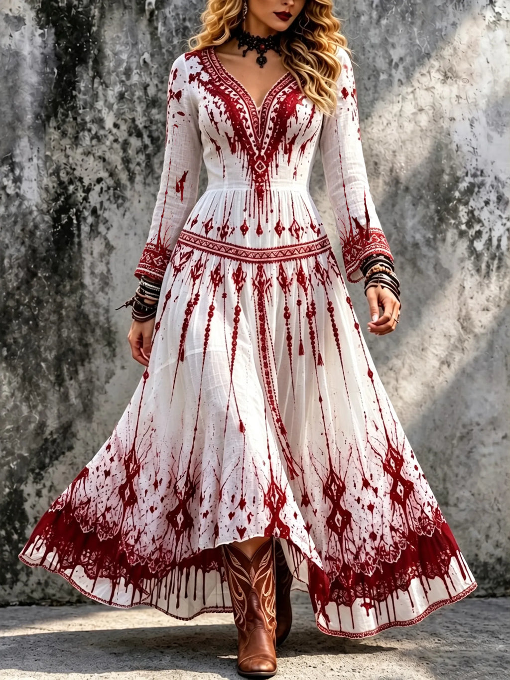 Women's Halloween Bloody  With Bohemia Ethnic Patterns Long Sleeve Maxi Dress