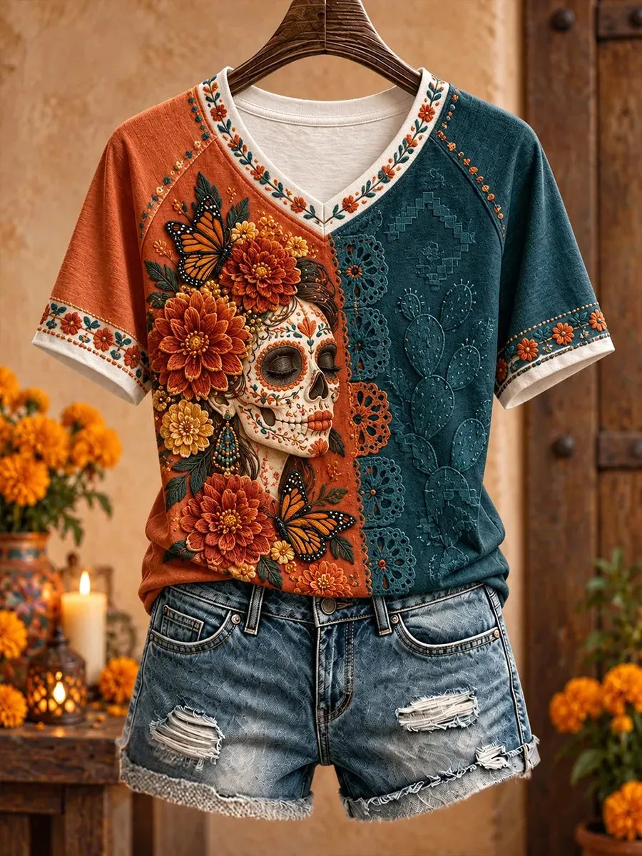 Women's Day Of The Dead Sugar Skull Lady Monarch Butterfly Cactus Floral Print V Neck Raglan T-Shirt
