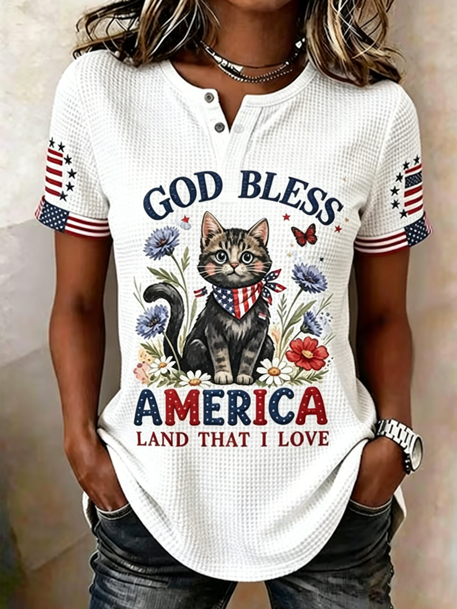 Women'S Casual Independence Day Cat Print Top