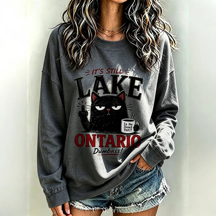 Women's Retro Lake Ontario Cat Art Print Crew Neck Sweatshirt