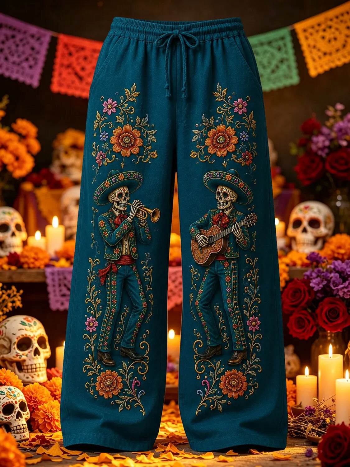 Men's Day Of The Dead Sombrero Skeleton Musician Bloom Print Pants