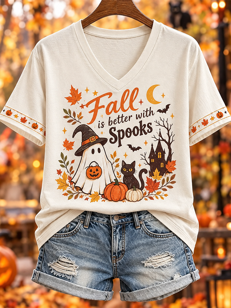 Women's "fall Is Better With Spooks" Ghost And Cat V-neck T-shirt