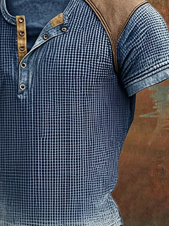 Men's Vintage Distressed Waffle Henry Short Sleeve T-Shirt