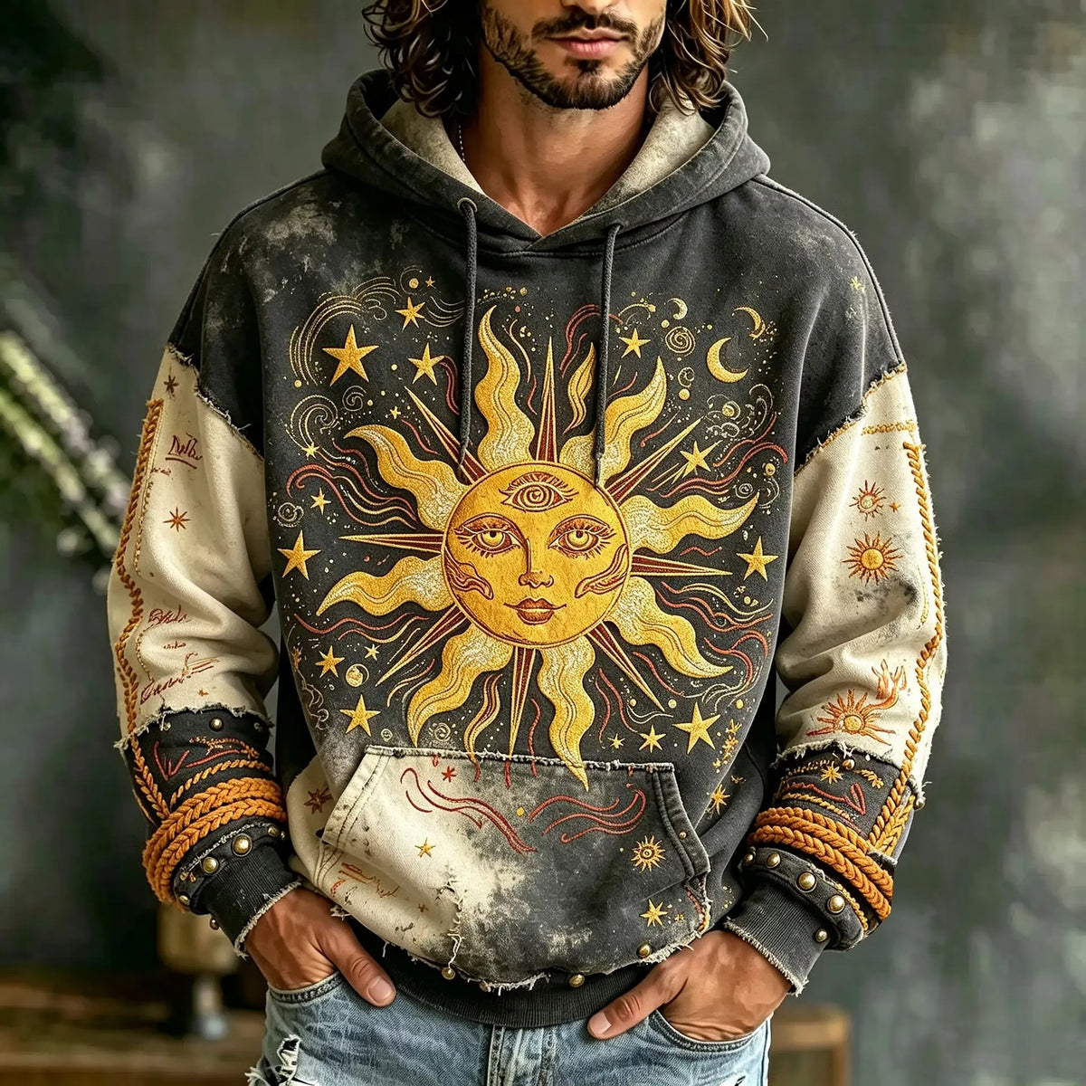 Men's Celestial Face Sun Moon Star Print Hoodies