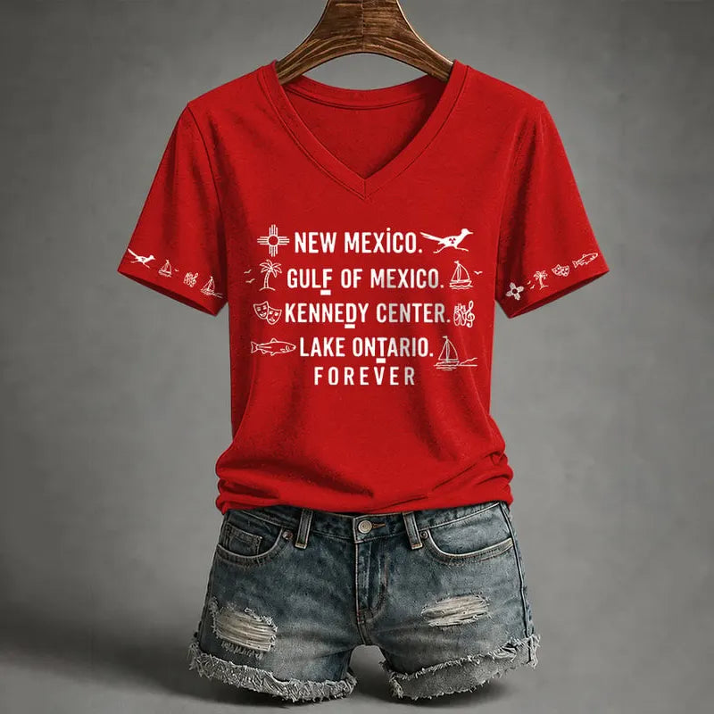 V-neck Retro New Mexico, Gulf Of Mexico, Kennedy Center, Lake Ontario, Forever Fdt Print T-shirt
