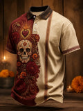 Men's Day Of The Dead Glowing Heart Above Ornate Sugar Skull Print Short Sleeve Polo Shirt