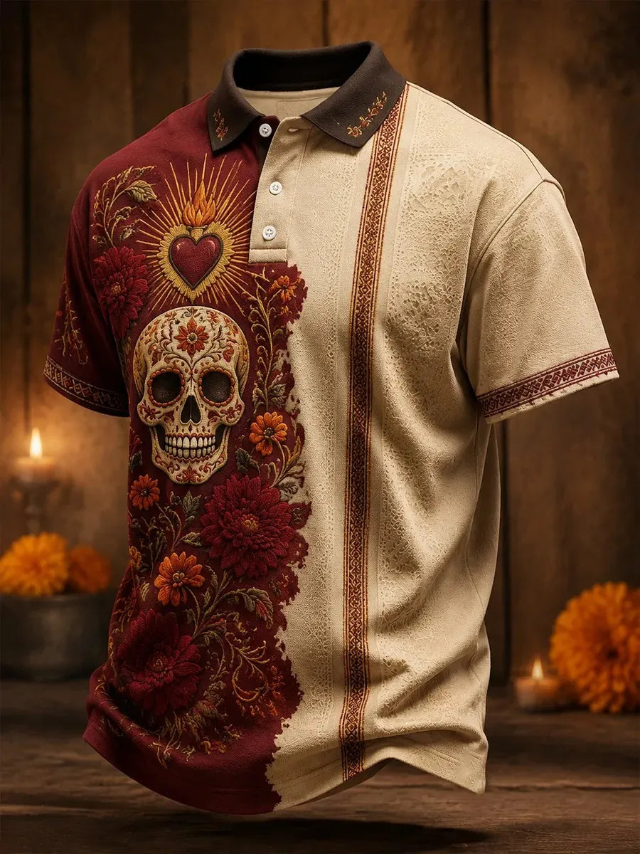Men's Day Of The Dead Glowing Heart Above Ornate Sugar Skull Print Short Sleeve Polo Shirt