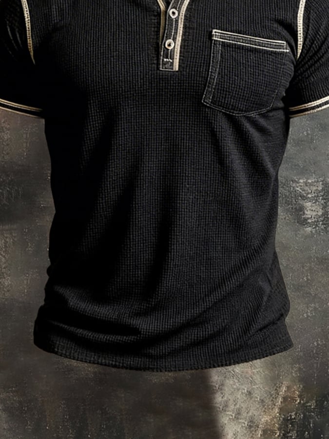 Men'S Retro Color Block Waffle Henley Collar Short-Sleeve Top