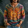 Men's Retro Hippie Psychedelic Sun and Peace Sign Print Henry Collar Long Sleeve T-Shirt