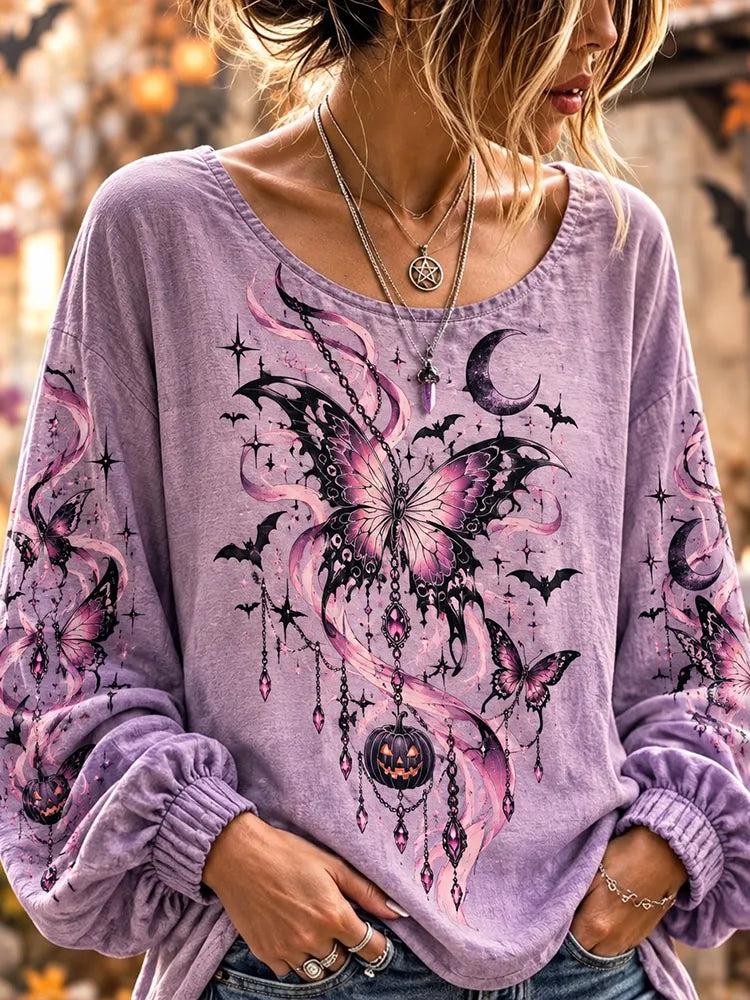 Women's Halloween Purple Butterfly And Pumpkin Lantern Print Long Sleeve Casual Top