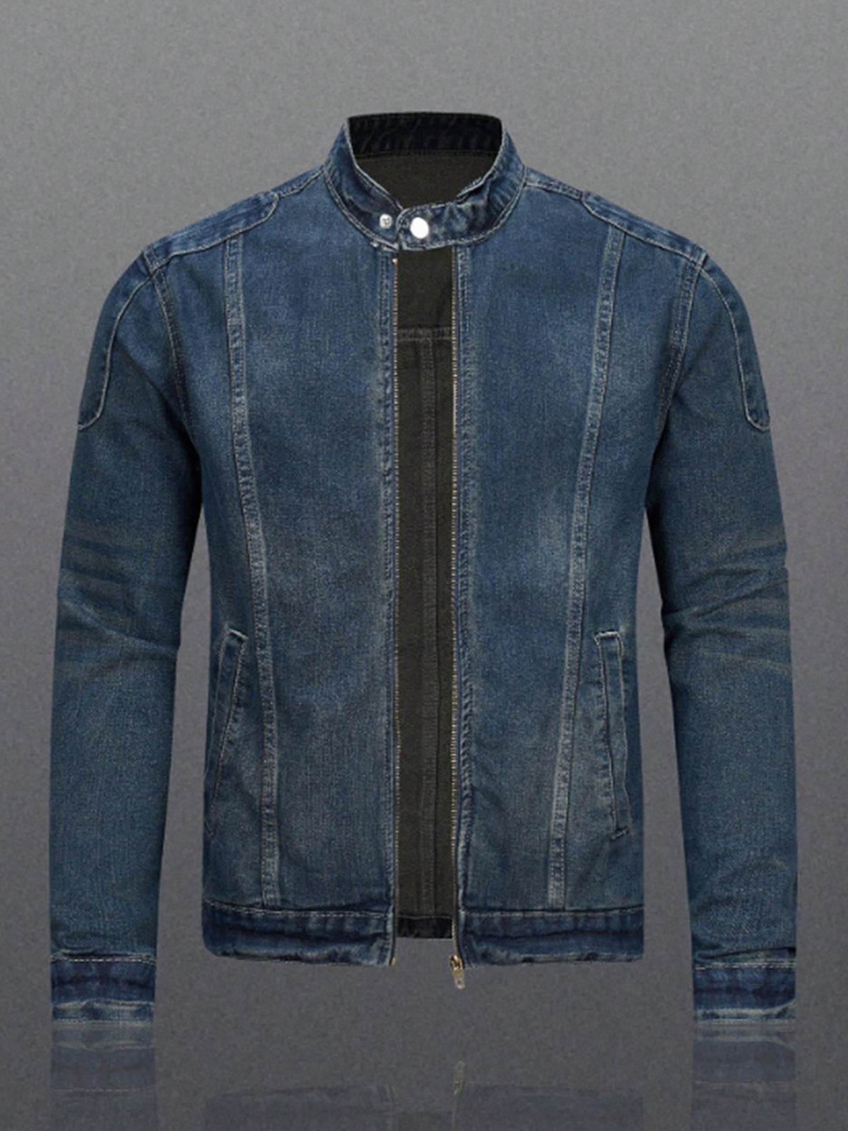 Men's Vintage Distressed Biker-Style Denim Zip-Up Jacket