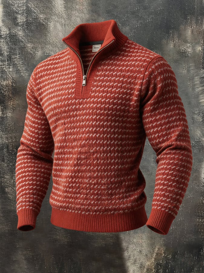 Men's Vintage Chunky-Knit Wool Quarter-Zip Long-Sleeve Sweater