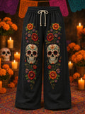 Men's Day Of The Dead Ornate Skull Vertical Floral Print Pants