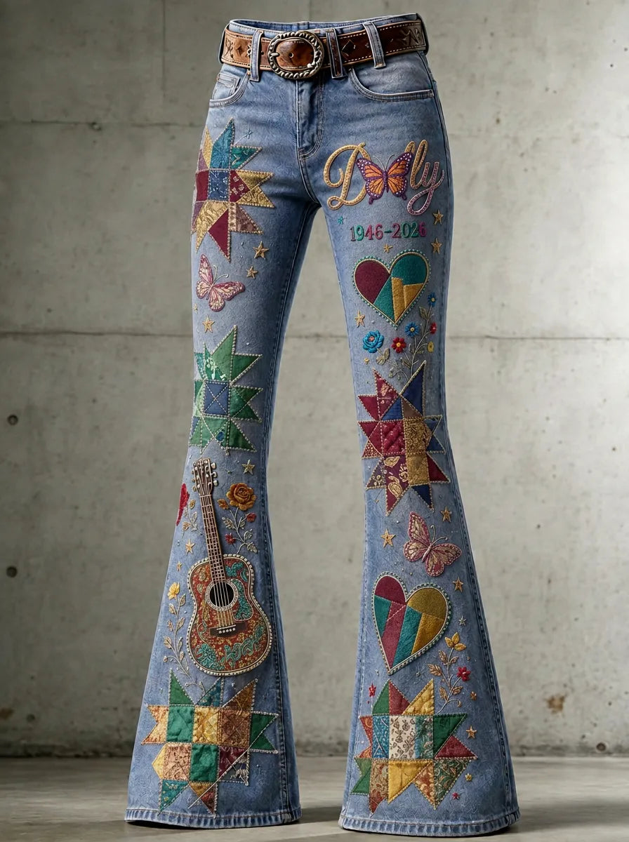 Women's Dolly Parton Guitar Butterfly Quilt Printed Flare Jeans